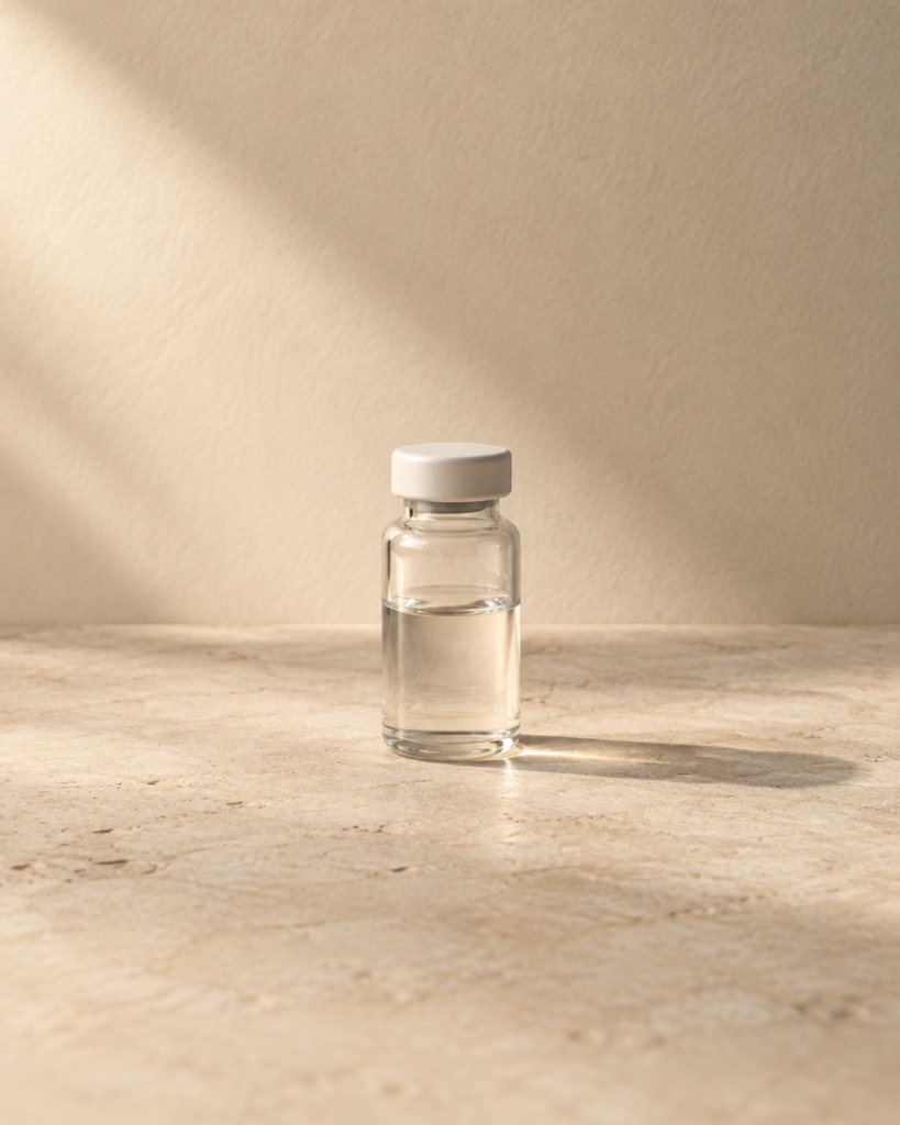 Unlabeled glass vial with clear liquid on a stone surface.